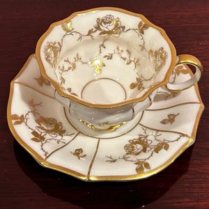 Lindner Kueps Bavaria Goldrose Demitasse Footed Gilt Porcelain Cup and Saucer